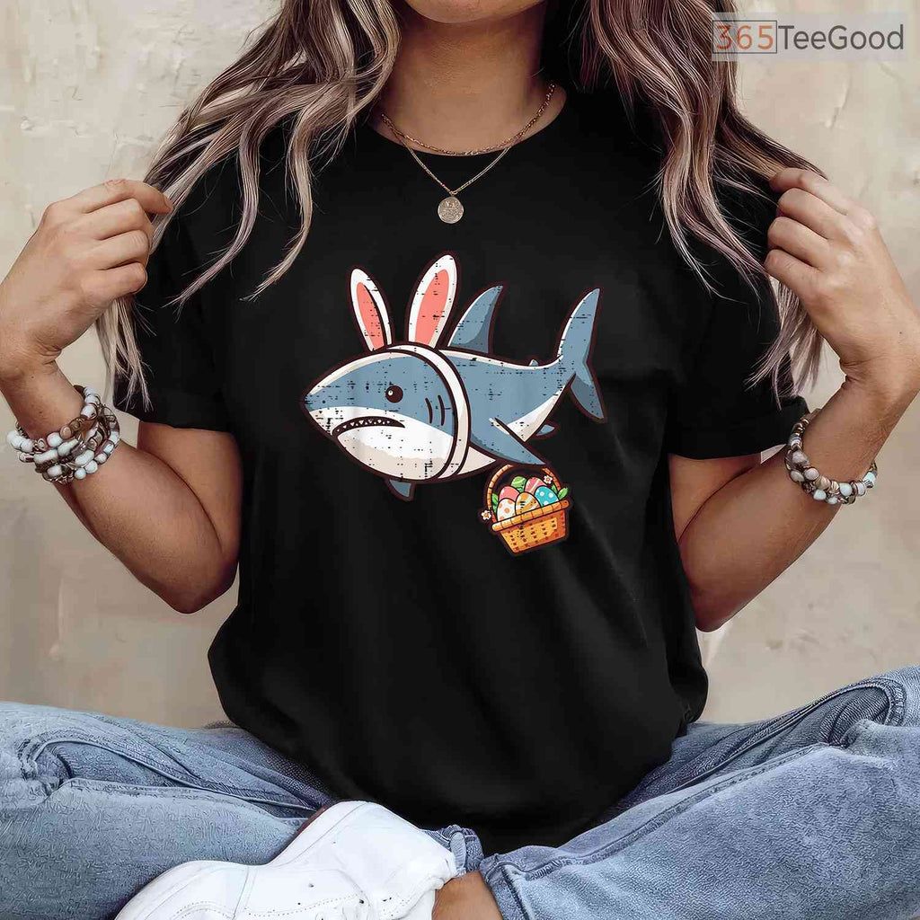 Shark Bunny Easter Eggs T-Shirt Funny Sea Animal Hunt Boys Kids Mens Top Shirt