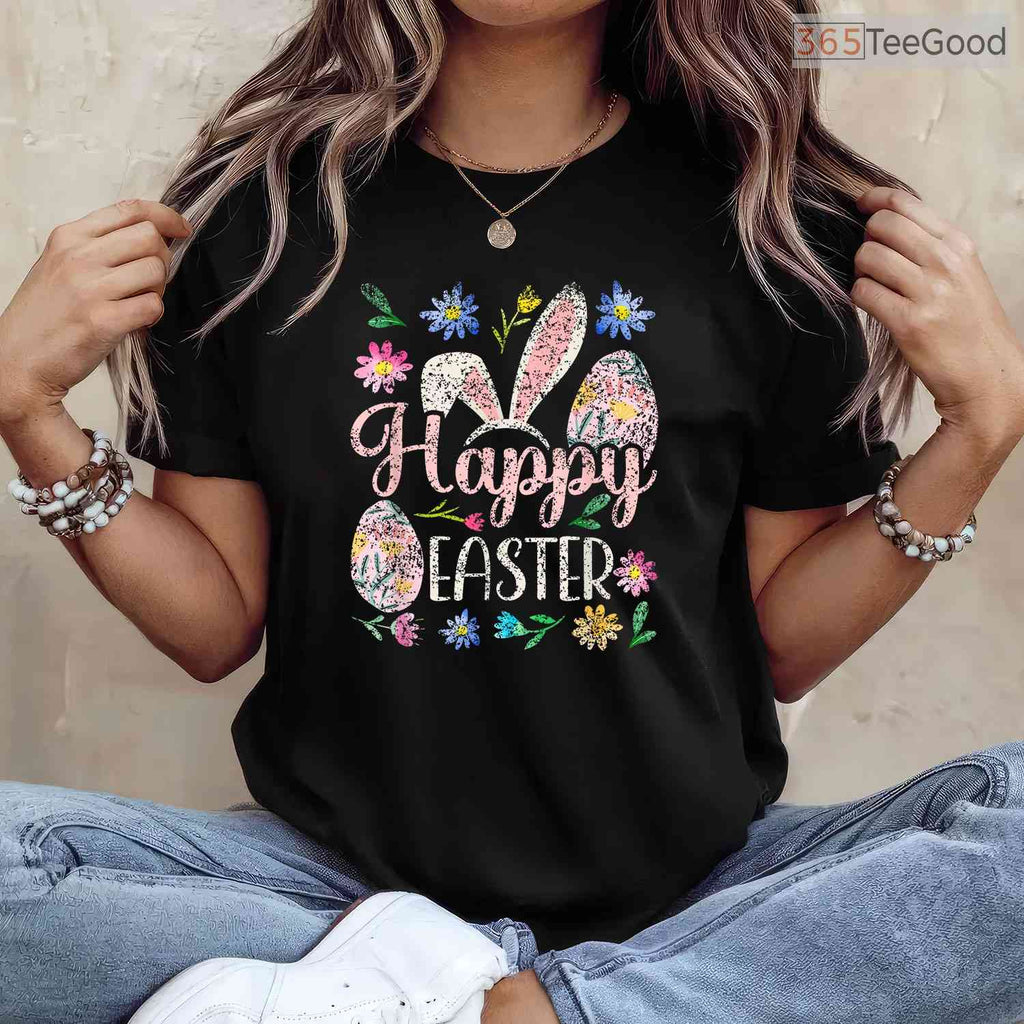 Happy Easter Sayings Egg Bunny T-Shirt Cute Minimalist Holiday Graphic Shirt