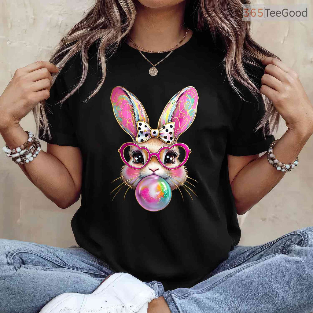 Happy Easter Bunny Coquette Bow T-Shirt Cute Ribbon Brushstroke Girls Shirt