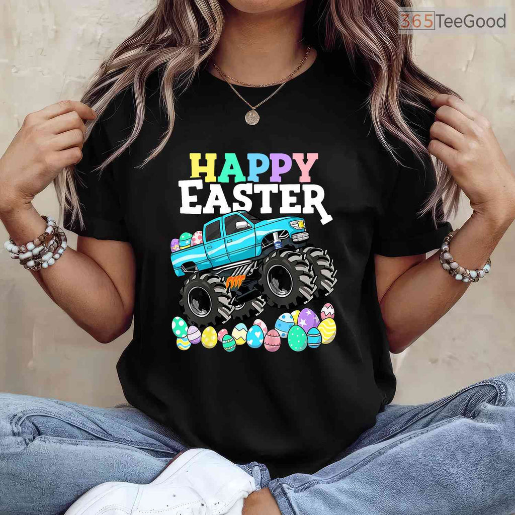 Boys Happy Easter Monster Truck T-Shirt Eggs Crusher Toddler Vehicle Shirt