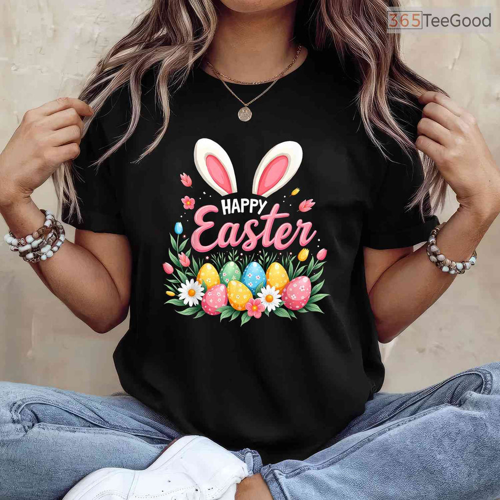 Happy Easter Bunny Spring Egg T-Shirt Cute Floral Nature Holiday Women Shirt