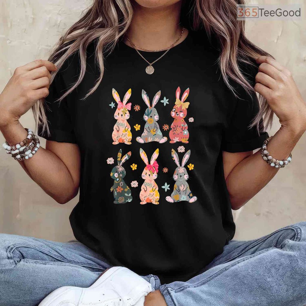 Vintage Retro Bunny Floral T-Shirt Flower Rabbit Easter Day Cute Womens Shirt