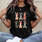 Vintage Retro Bunny Floral T-Shirt Flower Rabbit Easter Day Cute Womens Shirt