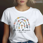 He Is Risen Spring Floral Rainbow T-Shirt Easter Christian Faith Women Shirt