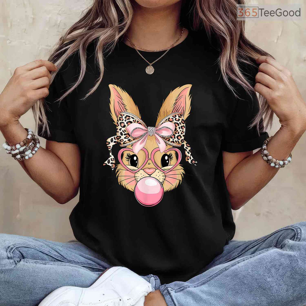 Cute Bunny Rabbit Face Leopard Glasses T-Shirt Girl Happy Easter Trendy Shirt