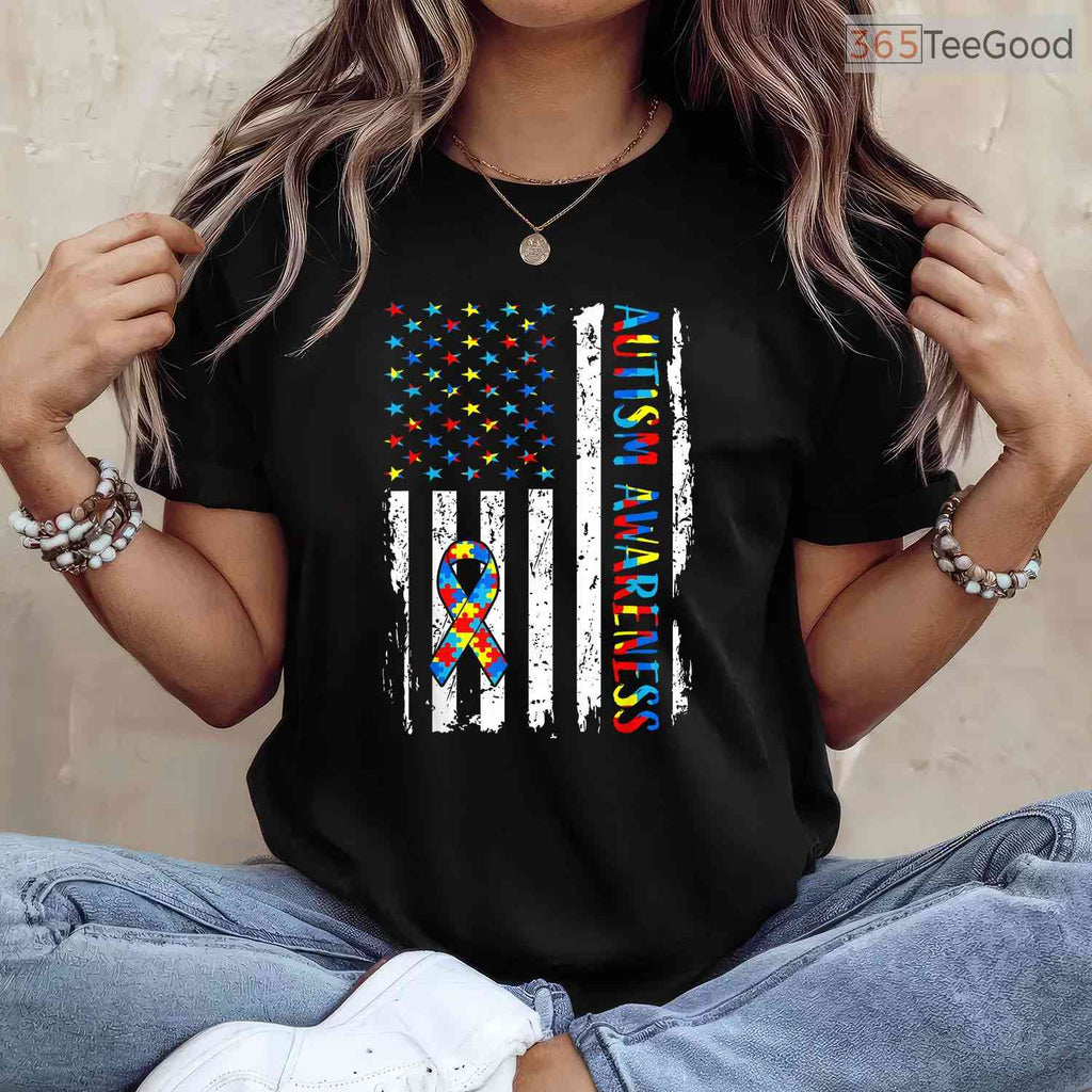 Autism Awareness Mom Dad USA Flag Autistic Awareness Shirt April T-Shirt
