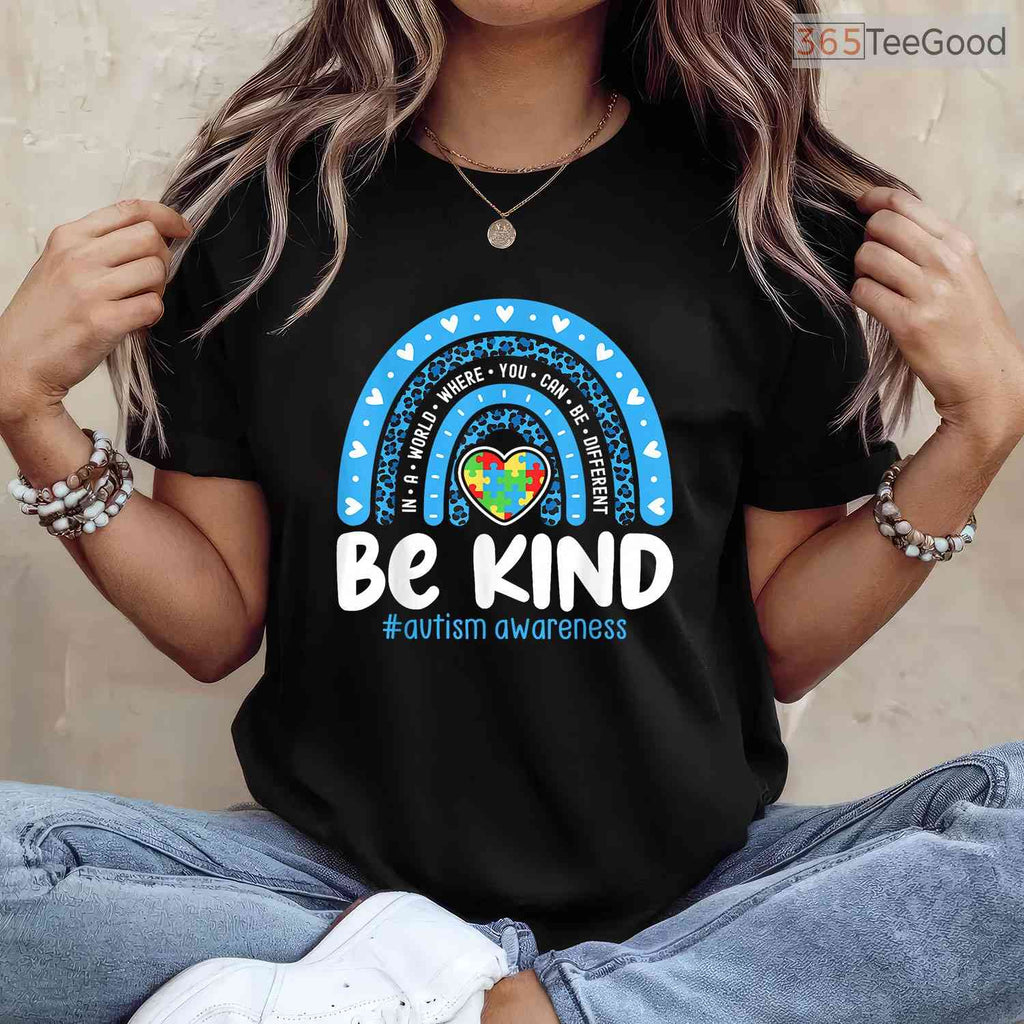 Rainbow In April We Wear Blue Ribbon Autism Shirt Awareness Month Women T-Shirt
