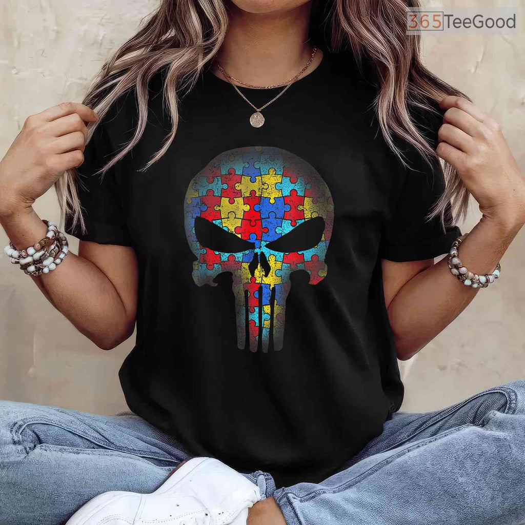Skull Autism Awareness Puzzle Piece Mens Womens Shirt April Cool Edgy T-Shirt