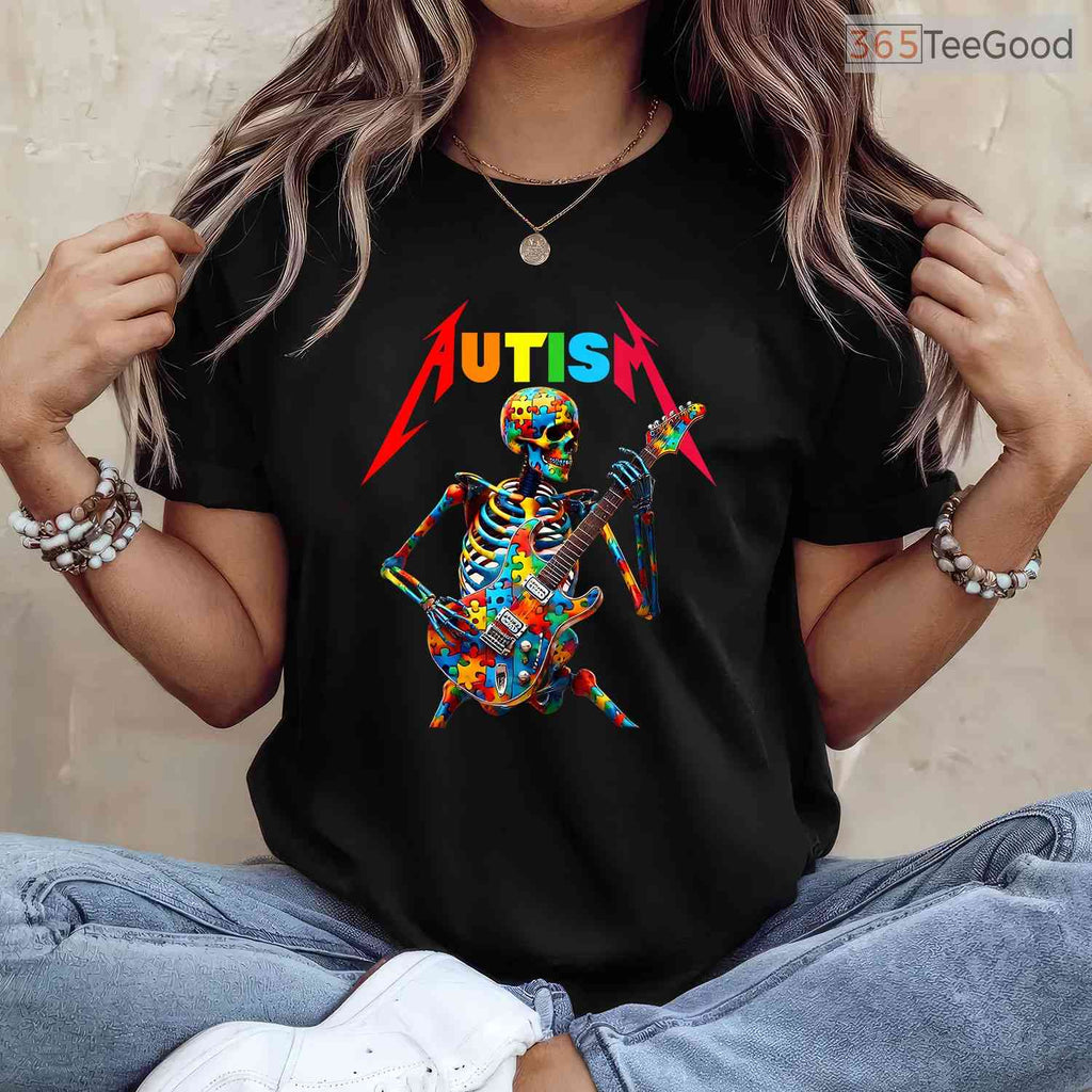 Autism Skeleton Guitar Player Rock Music Shirt April Awareness Cool T-Shirt