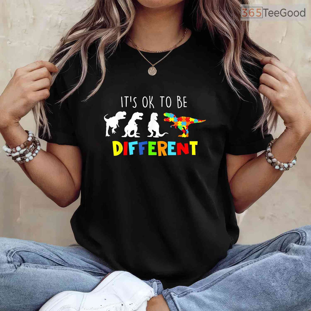 Autism Dinosaur Kid Boys Its Ok To Be Different Shirt April Awareness T-Shirt