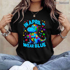 Autism Awareness In April We Wear Blue T Rex Dino Shirt Boys Kids T-Shirt