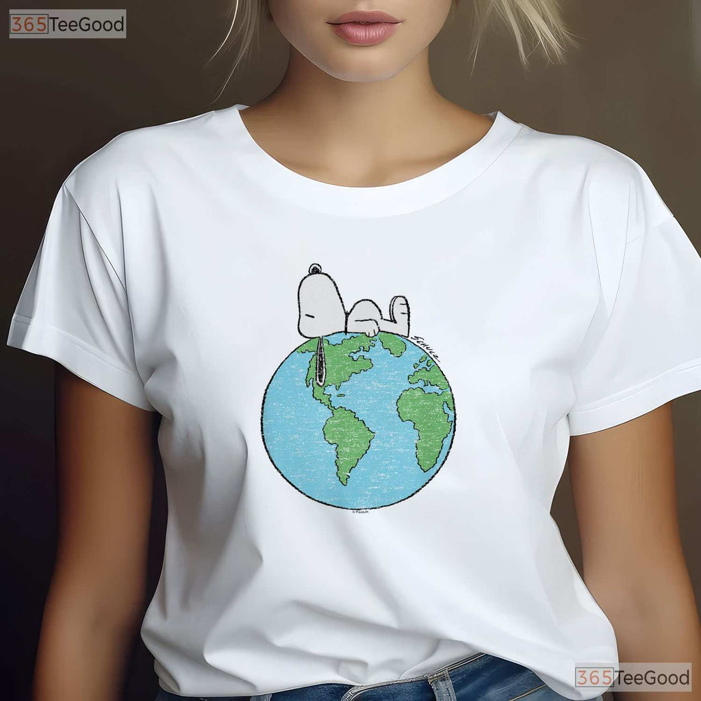Peanuts Snoopy Earth Day T-Shirt Laying On Top of The World Cute Cartoon Dog Tee