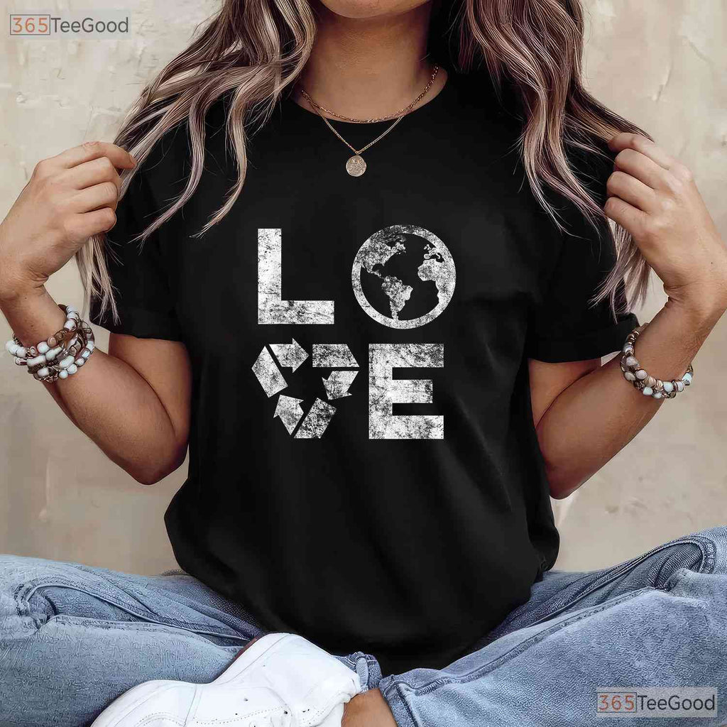 Love Earth Day 90s Vintage T-Shirt Recycle Symbol Teacher Student Gift Tee
