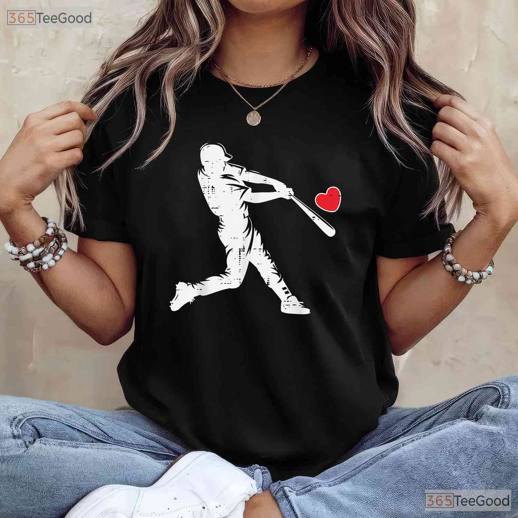 Valentines Day Baseball Batter Silhouette Heart T-Shirt Men Boys Kid Apparel
