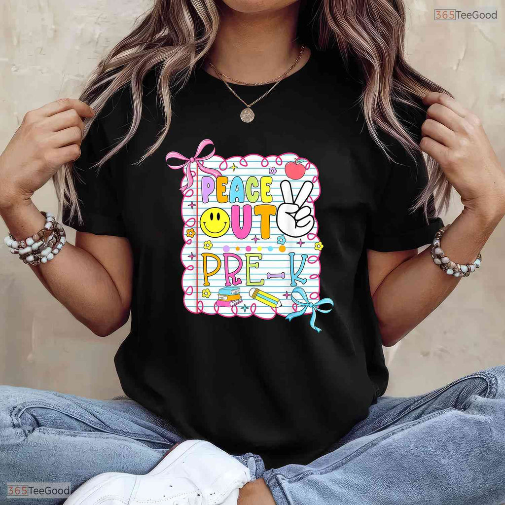 Trendy Peace Out Pre-K Kid Girl Last Day Of School Bow Coquette T-Shirt