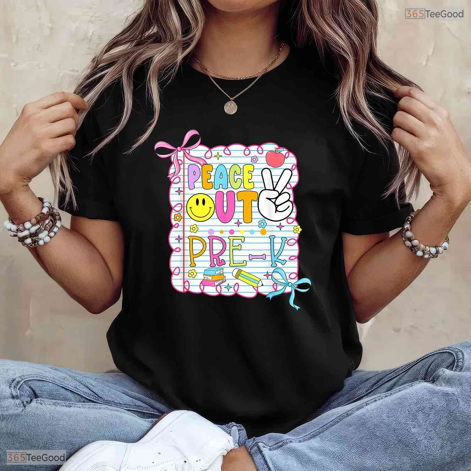 Trendy Peace Out Pre-K Kid Girl Last Day Of School Bow Coquette T-Shirt