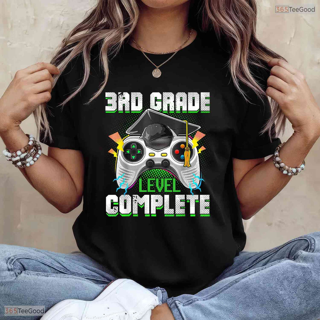 3rd Grade Level Complete Funny Third Grade Video Gamer Boys Graduation Party Shirt
