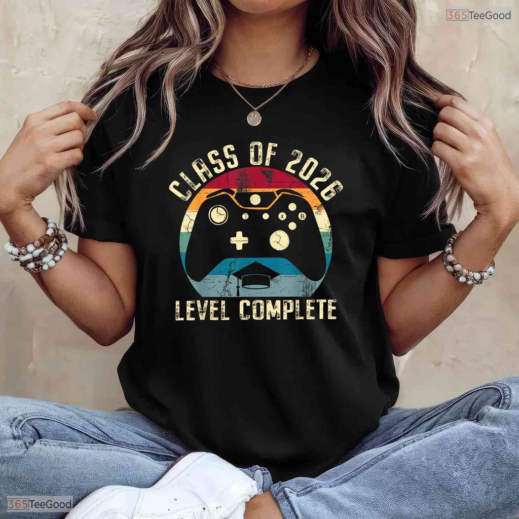 Awesome Class of 2026 Level Complete Video Gamer Senior Graduation T-Shirt