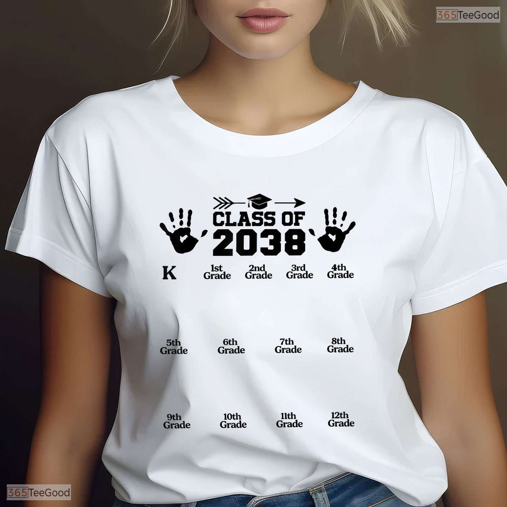 Class Of 2038 Grow With Me Handprint Pre K To 12th Grade Keepsake Kids Shirt