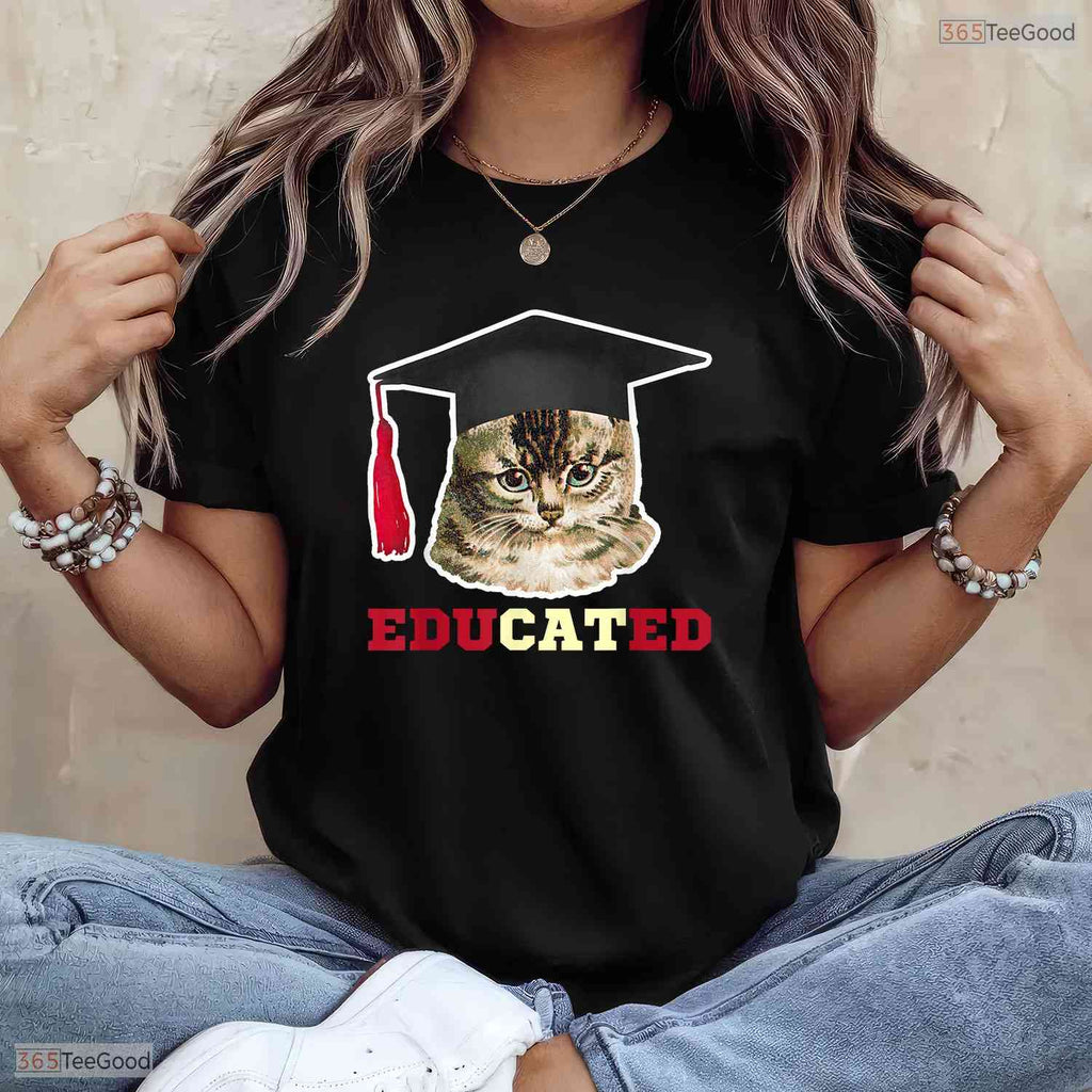 Educated Cat In Graduation Cap Funny High School College Graduate Gag T-Shirt