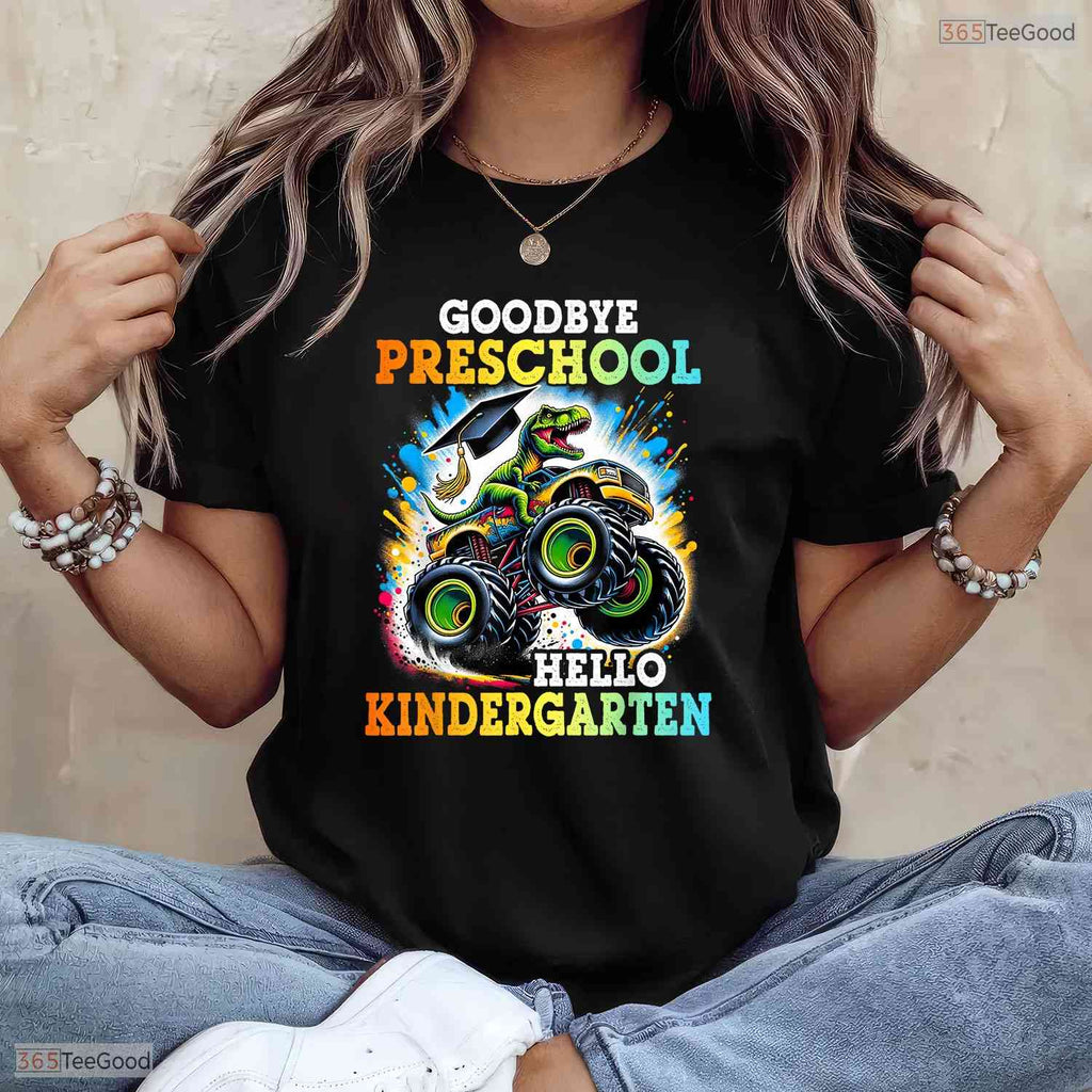 Goodbye Preschool Hello Kindergarten T-Rex Monster Truck Youth Boy Graduation T-Shirt