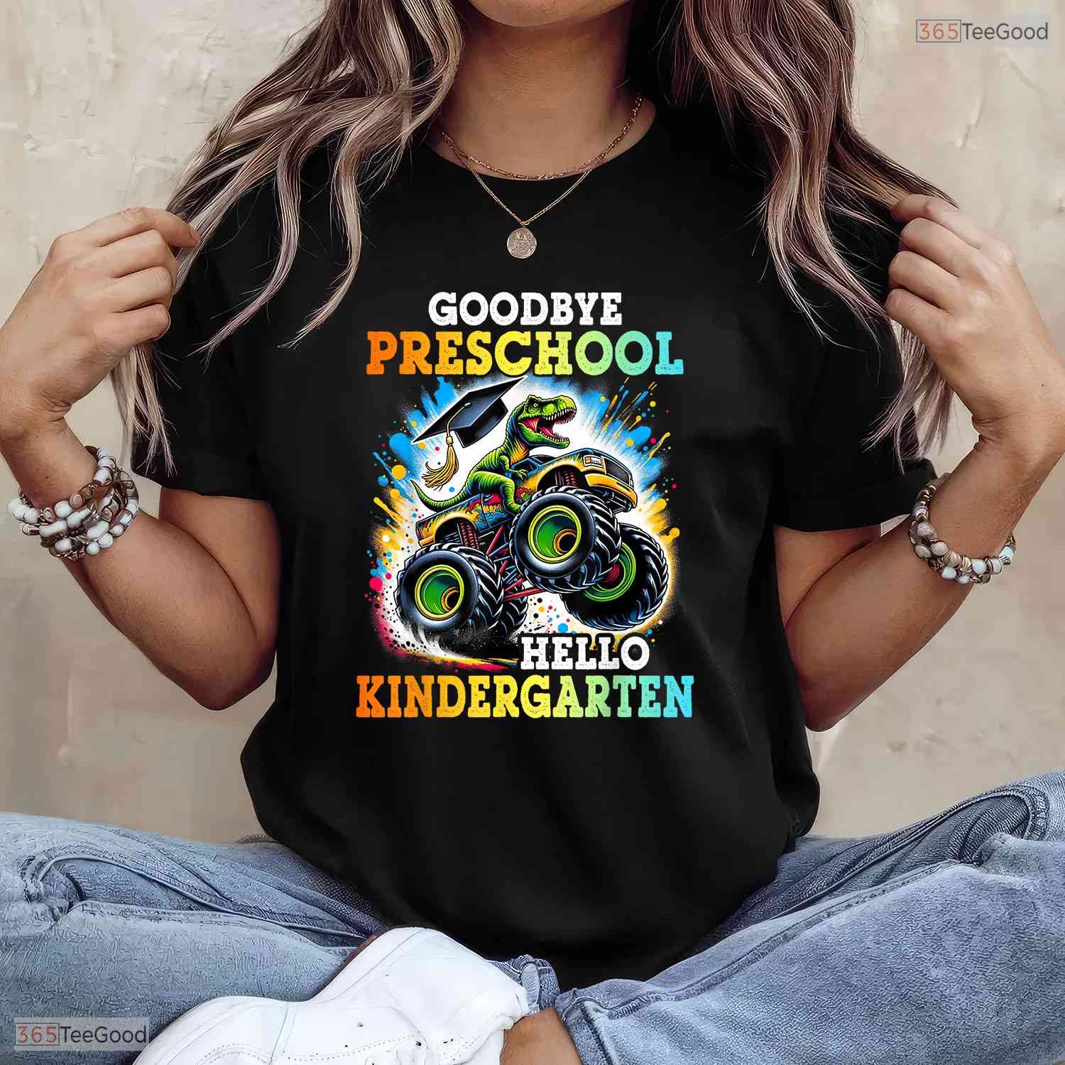Goodbye Preschool Hello Kindergarten T-Rex Monster Truck Youth Boy Graduation T-Shirt