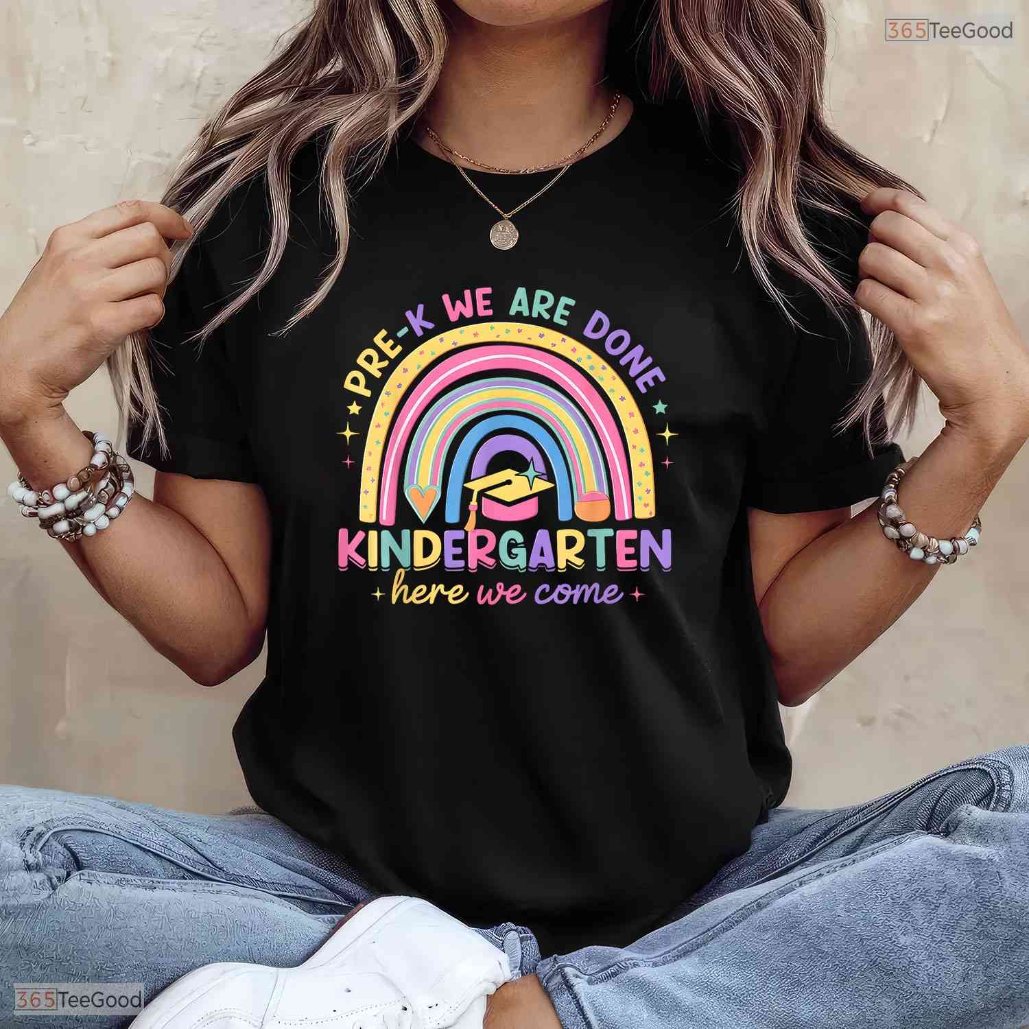 Last Day Pre-K Done Kindergarten Here We Come Cute Moving Up Graduation Kids T-Shirt
