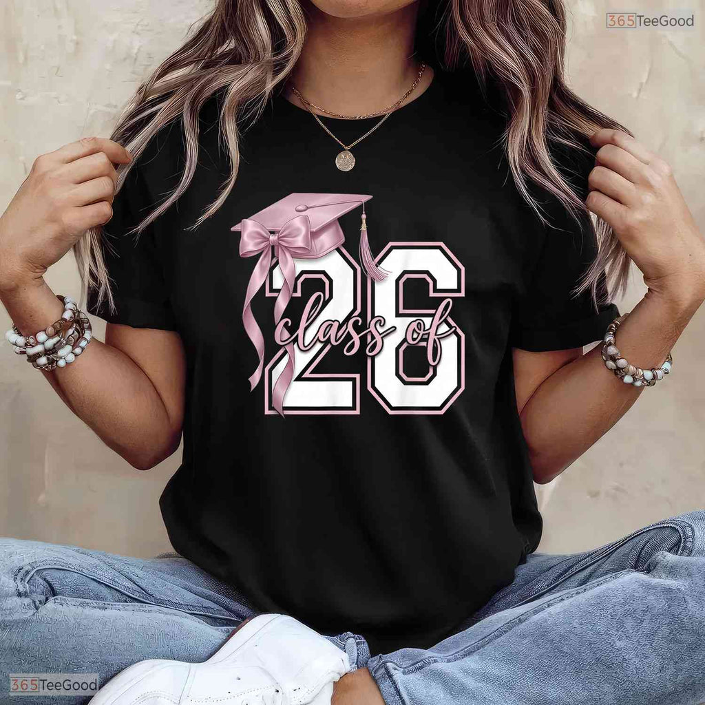 Minimalist Coquette Bow Class Of 2026 Senior Year Graduation Celebration T-Shirt