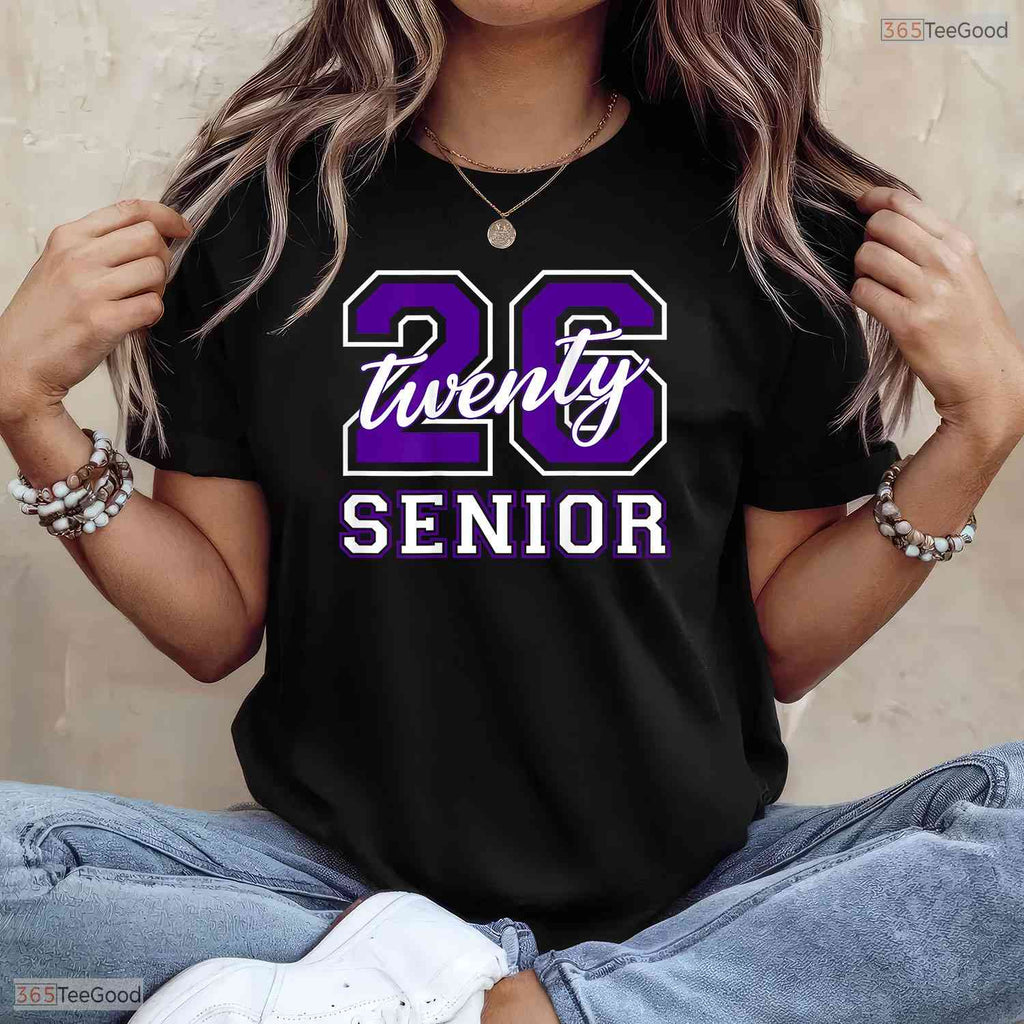 Senior Class Of 2026 Graduation Purple Letters On Back High School Party Shirt