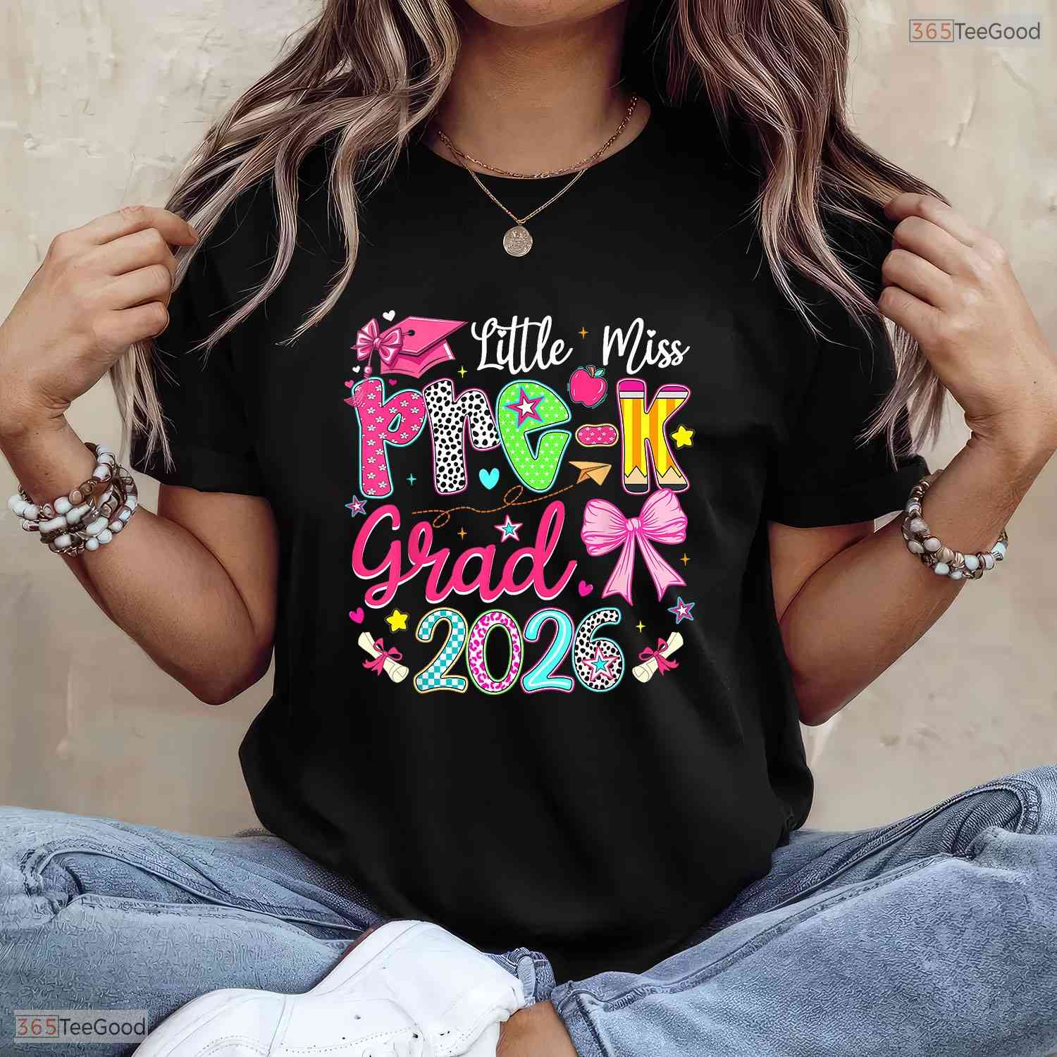 Cute Little Miss Pre-K Grad 2026 Preschool Graduation Ribbon Bow Girls Party T-Shirt