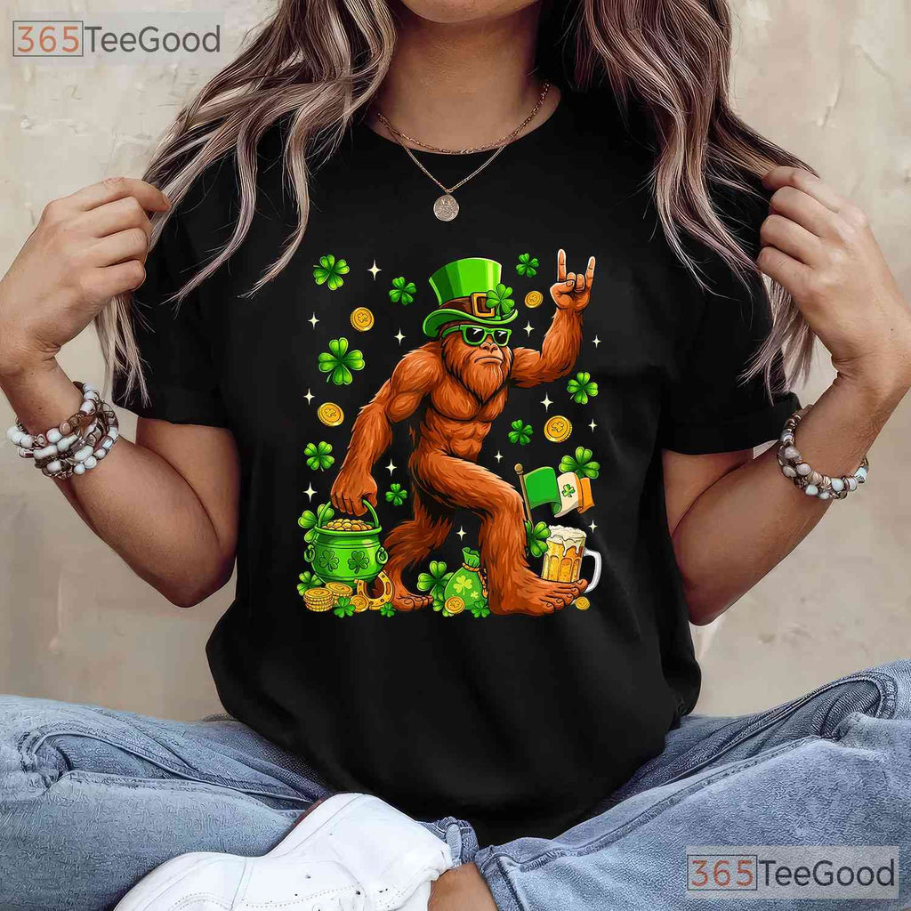 Bigfoot Sasquatch Carrying Shamrock St Patricks Day T-Shirt Hide Seek Champ