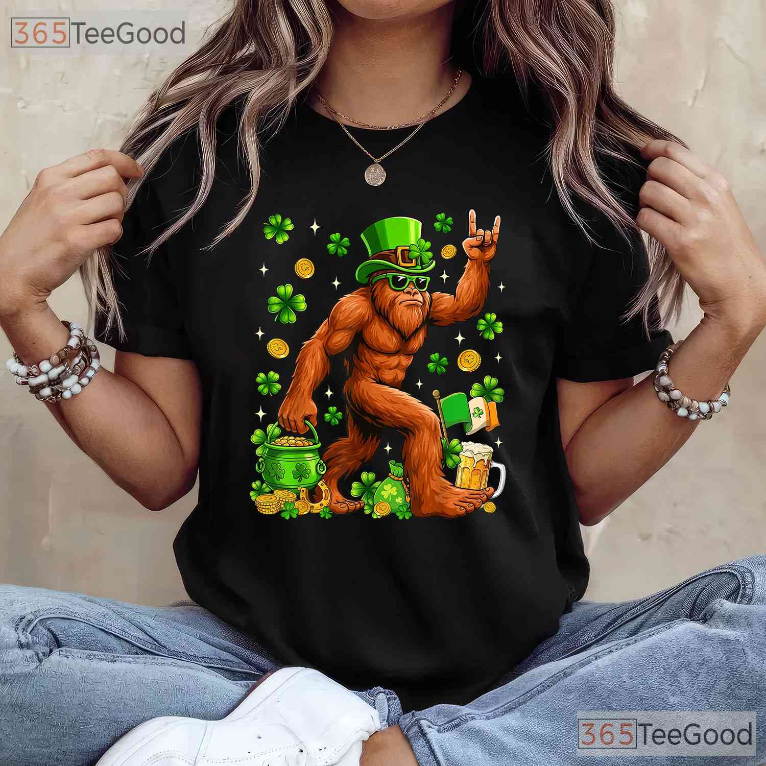 Bigfoot Sasquatch Carrying Shamrock St Patricks Day T-Shirt Hide Seek Champ