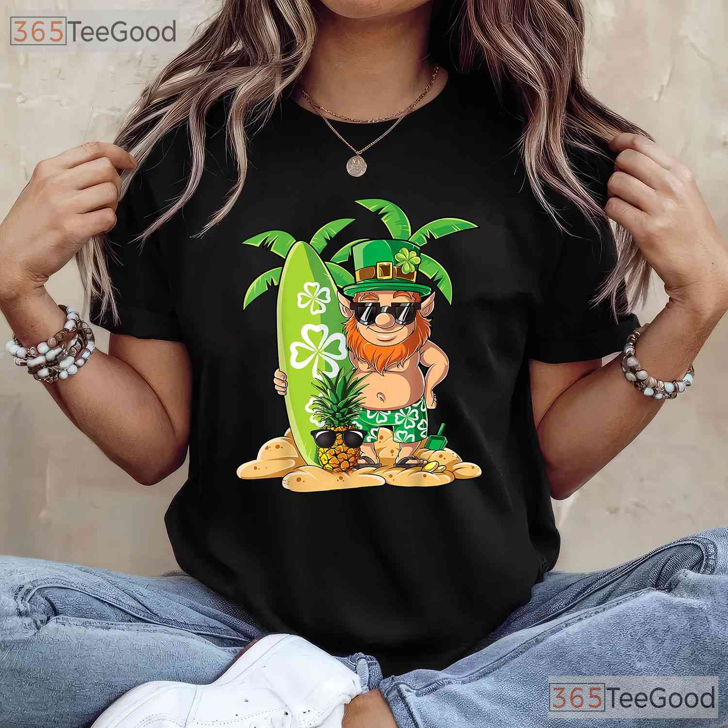Surfing Leprechaun Hawaiian St Patricks Day T-Shirt Tropical Aloha Irish Tee