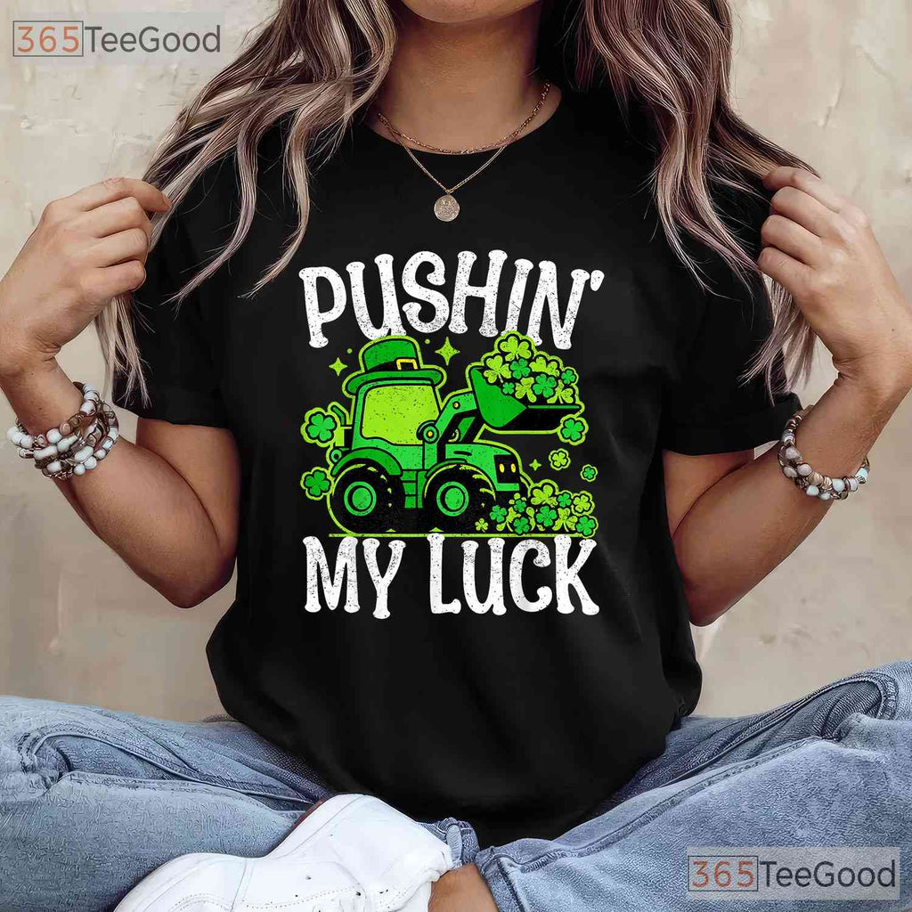 Pushing My Luck Tractor St Patricks Day T-Shirt Funny Farm Boys Toddler Tee