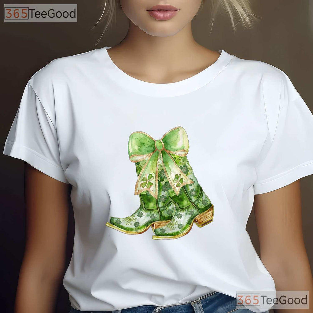 Coastal Cowgirl Boots St Patricks Day T-Shirt Western Pink Bow Aesthetic Tee