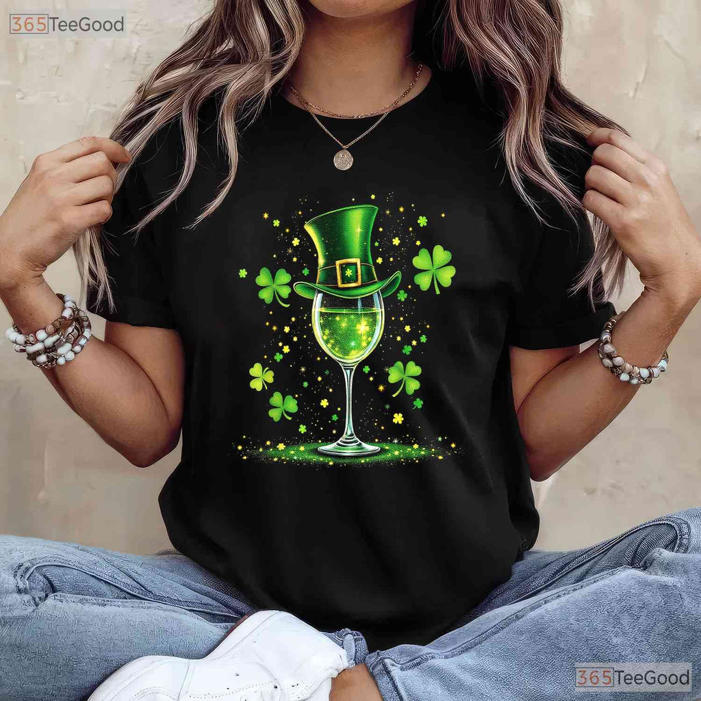 Irish Shamrock Wine Glass St Patricks Day T-Shirt Funny Drinking Women Tee