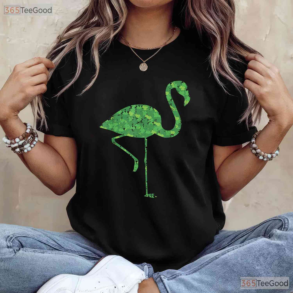 Pink Flamingo Shamrock St Patricks Day T-Shirt Cute Bird Animal Lover Tee