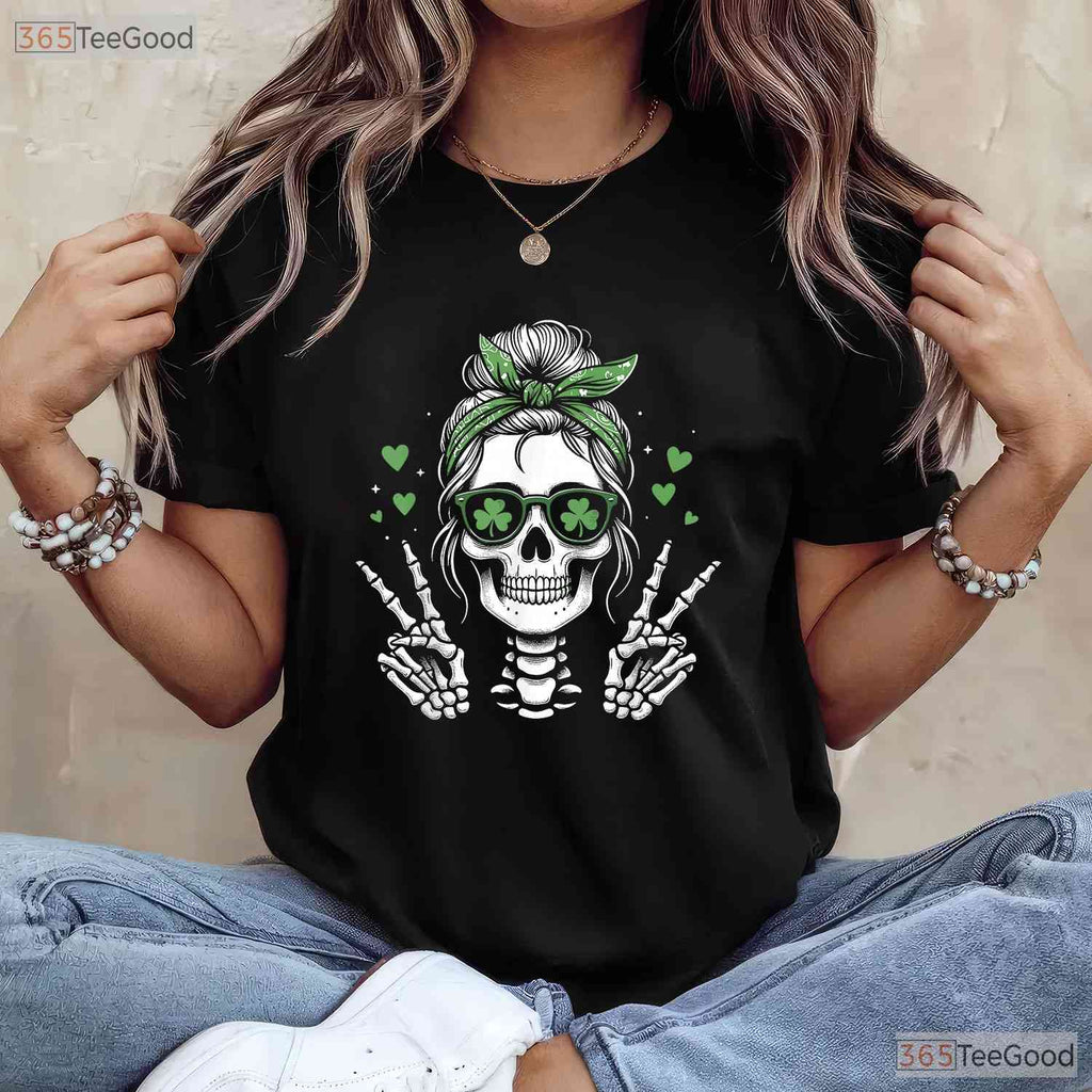 Skull Messy Bun Peace Sign St Patricks Day T-Shirt Edgy Women Irish Tee