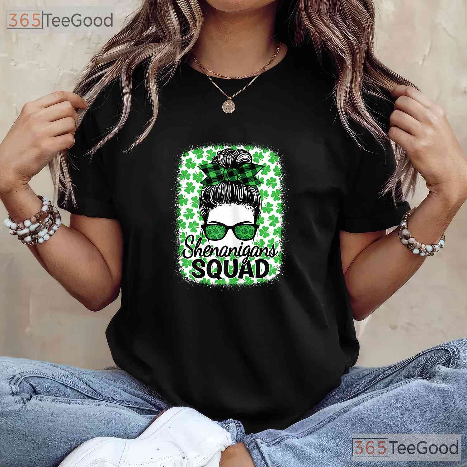 Shenanigans Squad Messy Bun St Patricks Day T-Shirt Women Girls Group Tee
