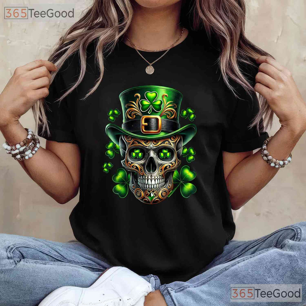 Irish Skull Shamrock Leprechaun St Patricks Day T-Shirt Edgy Men Biker Tee
