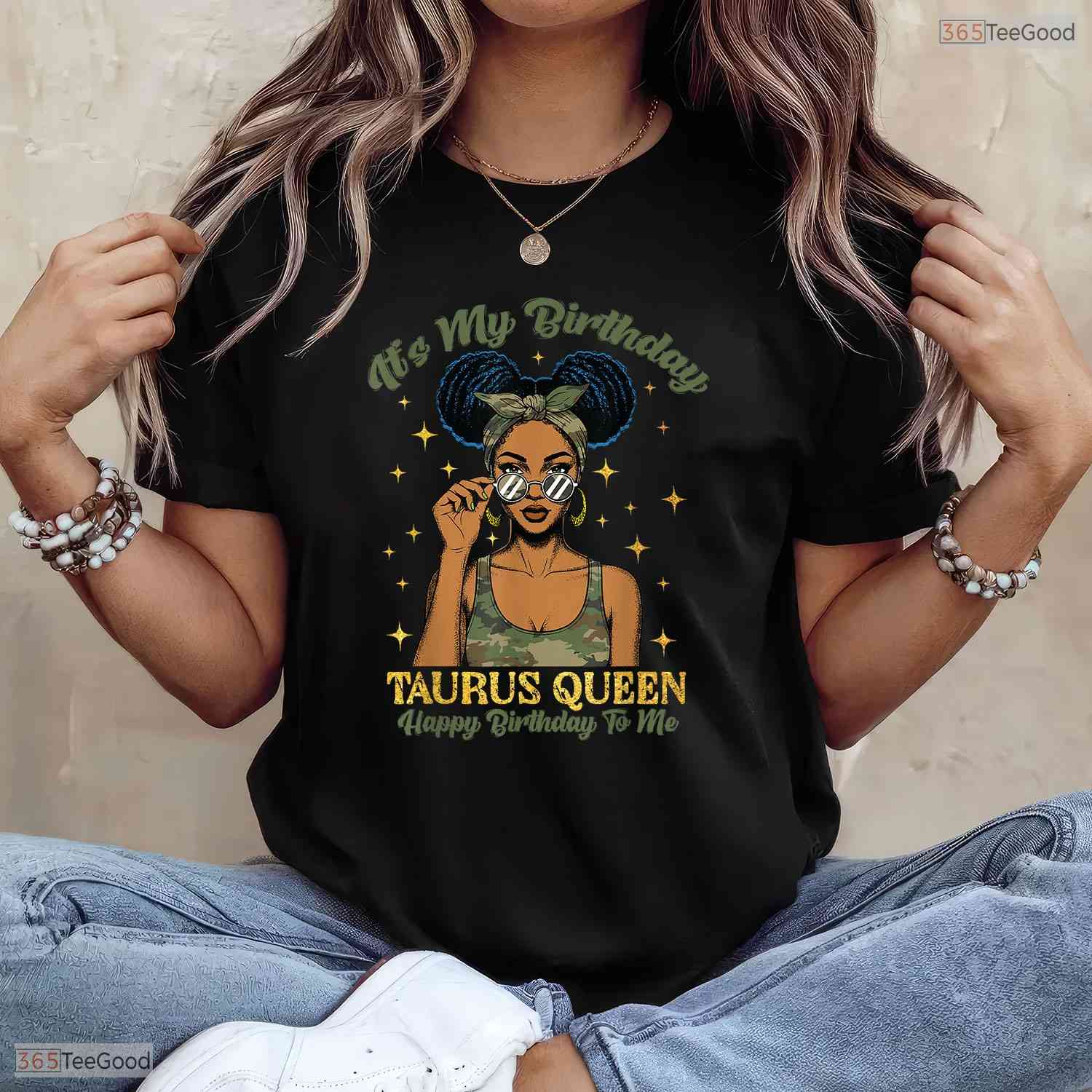 Camo Black Woman Afro Taurus Queen T-Shirt- Unique May Birthday Shirt Gift Idea