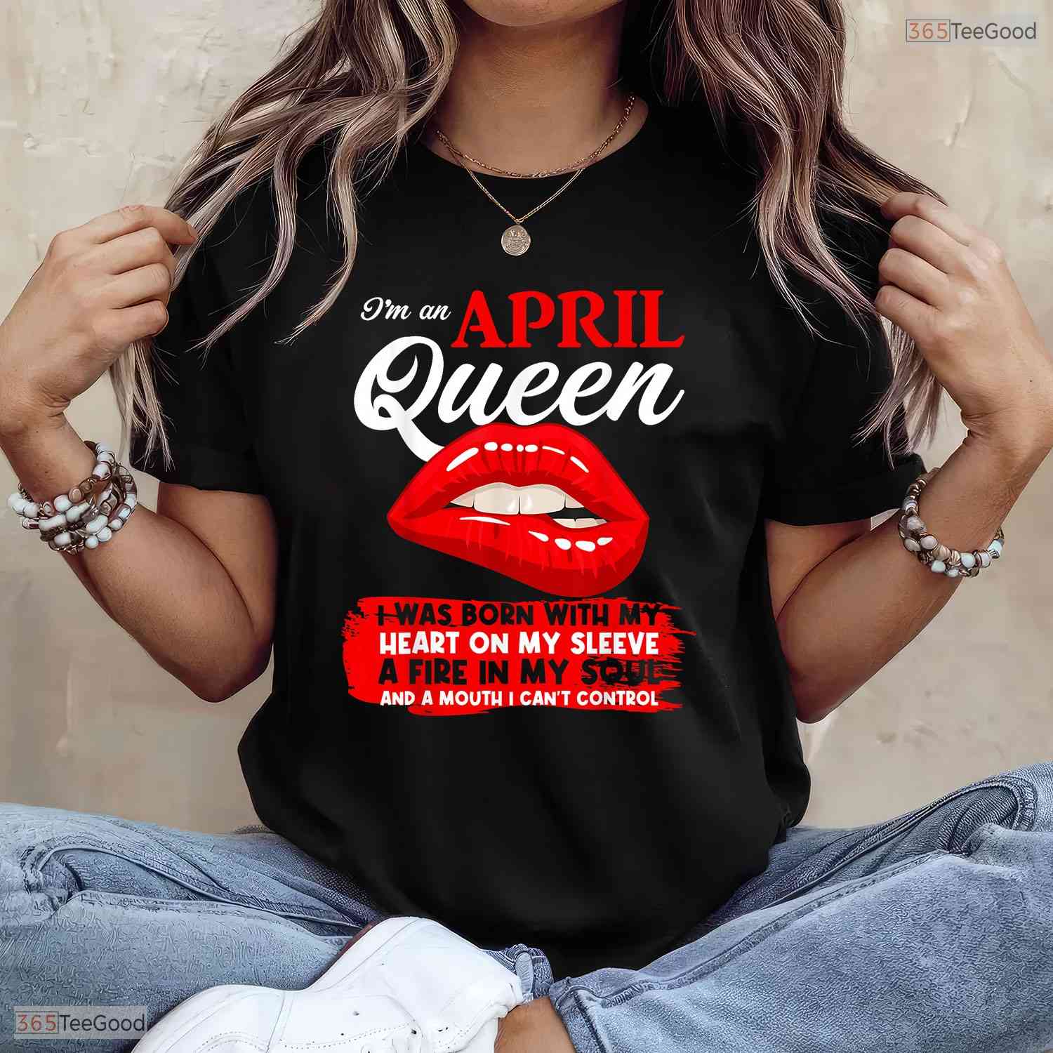 Fierce Queen Born In April Birthday T-Shirt Funny Biting Lips Graphic For Her