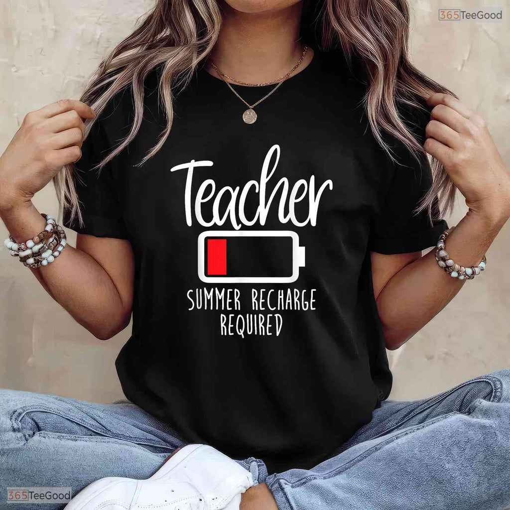 Summer Recharge Required Funny Teacher T-Shirt- Women's May Birthday Shirt