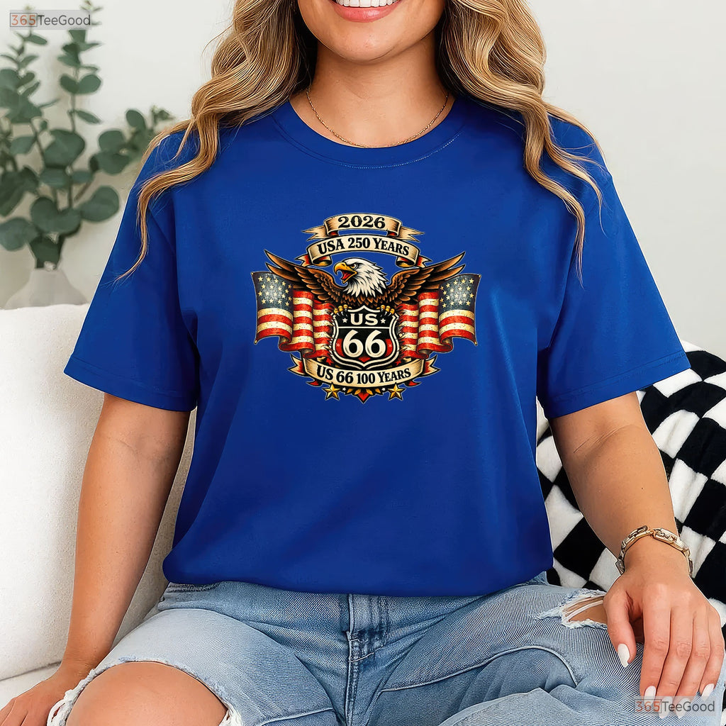 USA 250 Highway 66 Mother Road Eagle Valentine T-Shirt Lake Fishing Gear For Men