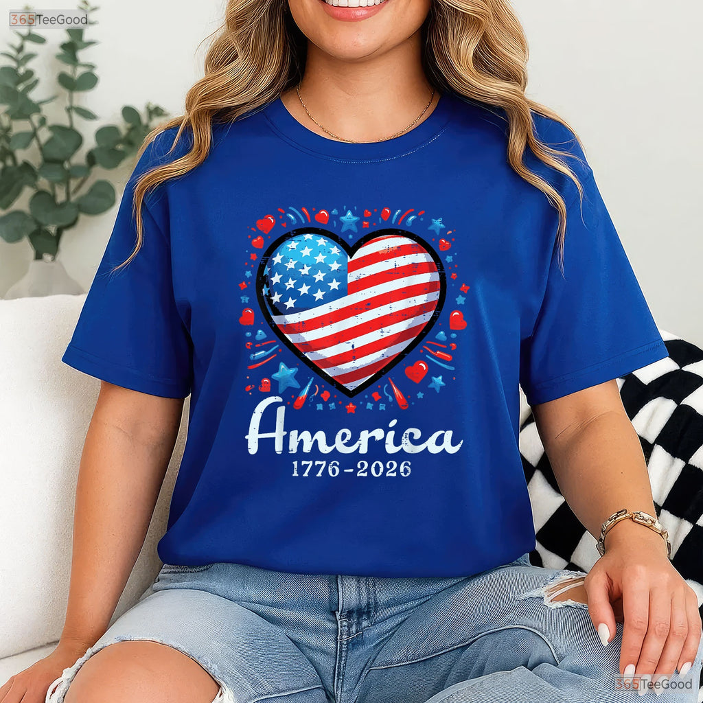 America US Flag Heart 250th Anniversary Valentine T-Shirt Surf Fishing Shirts Men