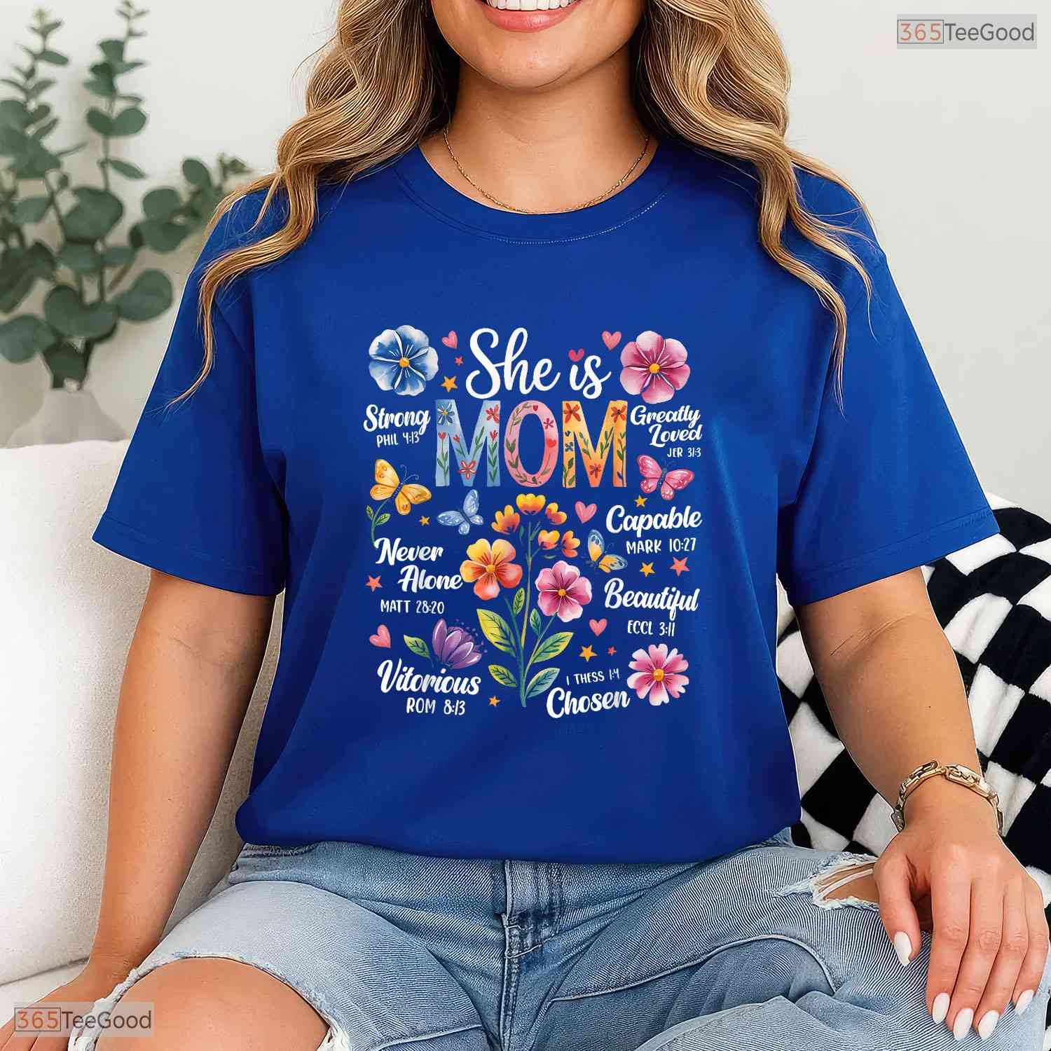 Christian Mothers Day T-Shirt She Is Mom Bible Verses Boho Floral Shirt Gift