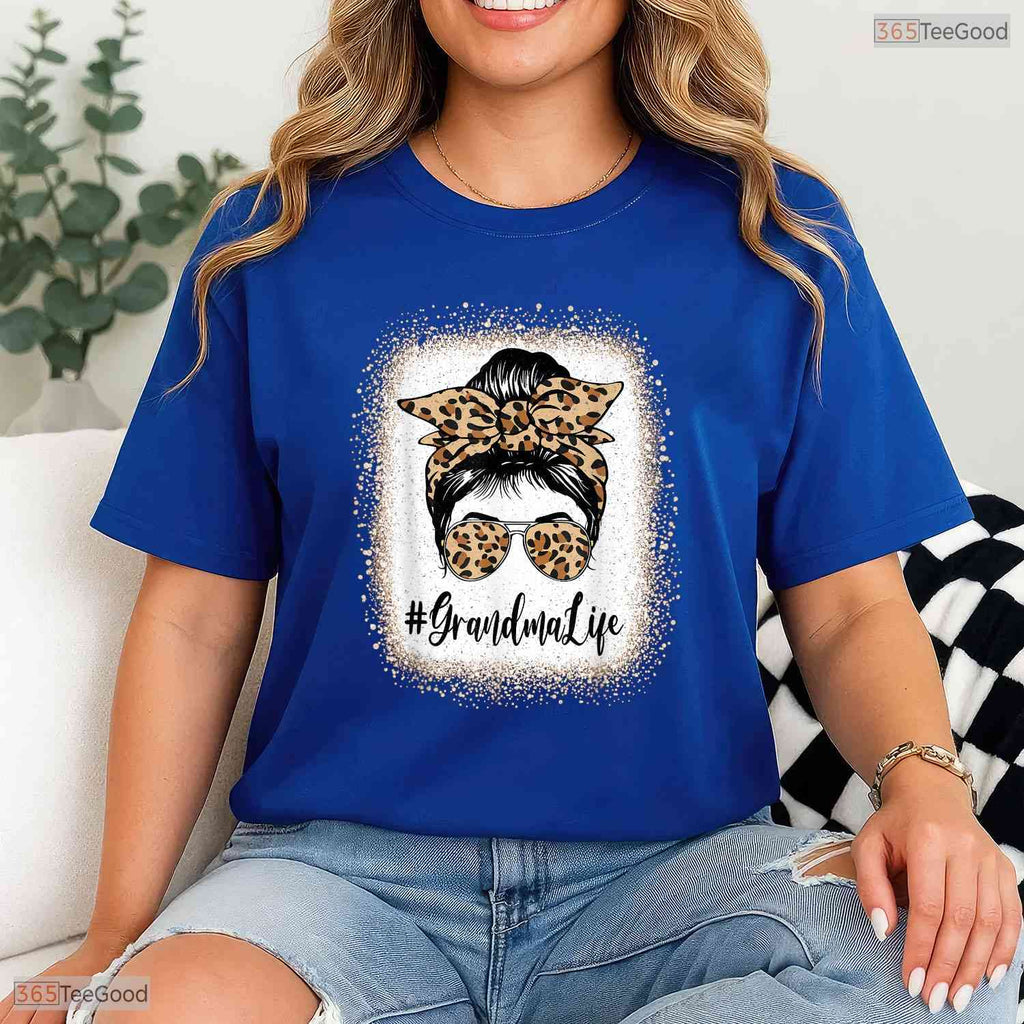Grandma Life Leopard Messy Bun Grandma Mothers Day T-Shirt Gift For Women