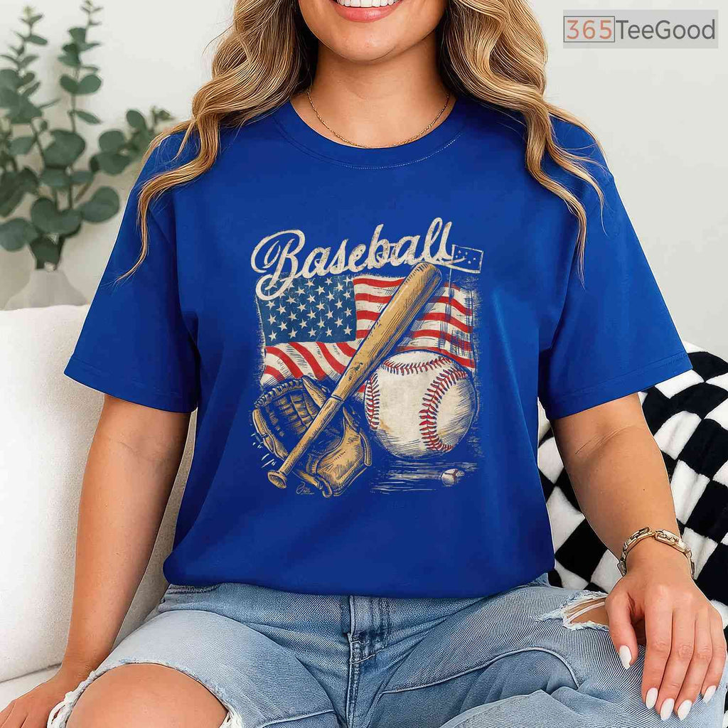American Flag Baseball Player Bat Fan T-Shirt USA Catcher Pitcher Sport Tee