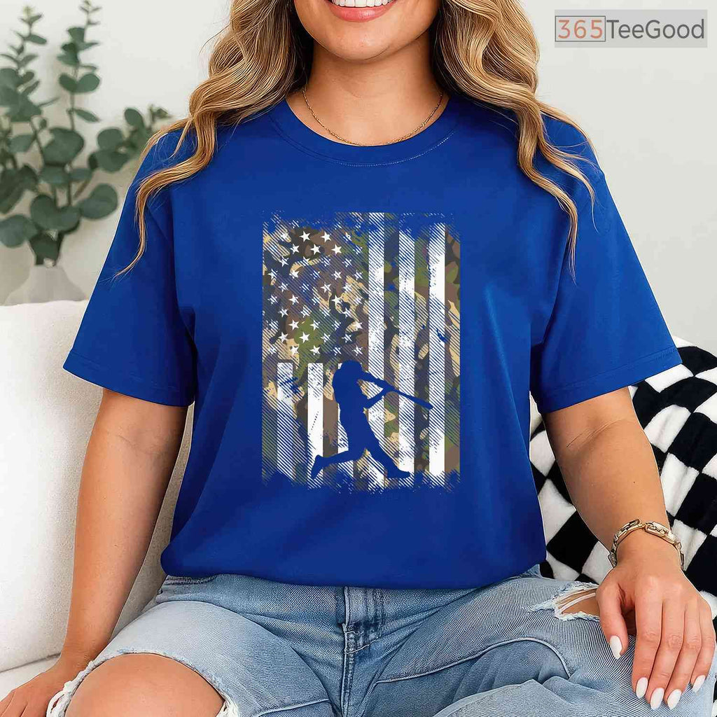 Camo Flag Baseball Player Vintage T-Shirt Patriotic Men Women Kids Sport Tee