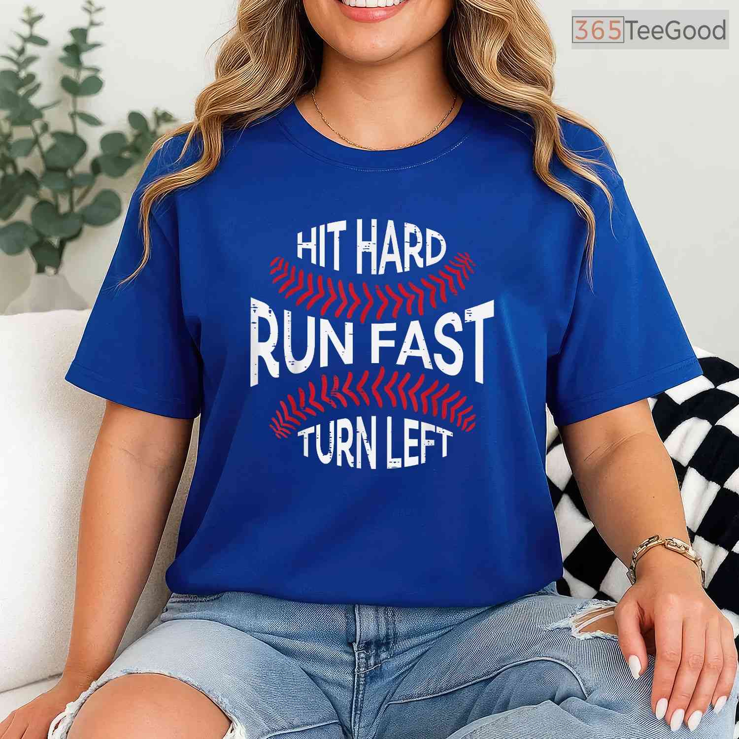 Hit Hard Run Fast Turn Left Funny Baseball Player T-Shirt Men Boys Sport Tee